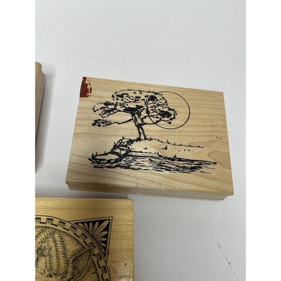 Assortment Wood Mounted Rubber Stamps Set Of 3 Giraffe Landscape Desert Skyscape - Picture 4 of 6
